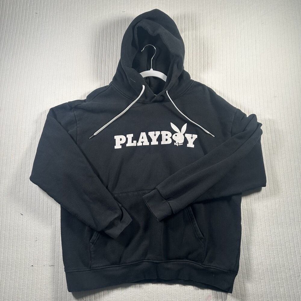 Playboy Men’s Hoodie Black Large Pullover Bunny Logo Graphic Sweatshirt